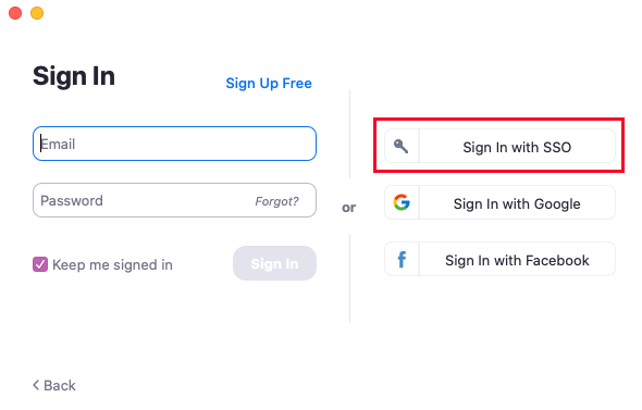 The Zoom SSO sign-in screen