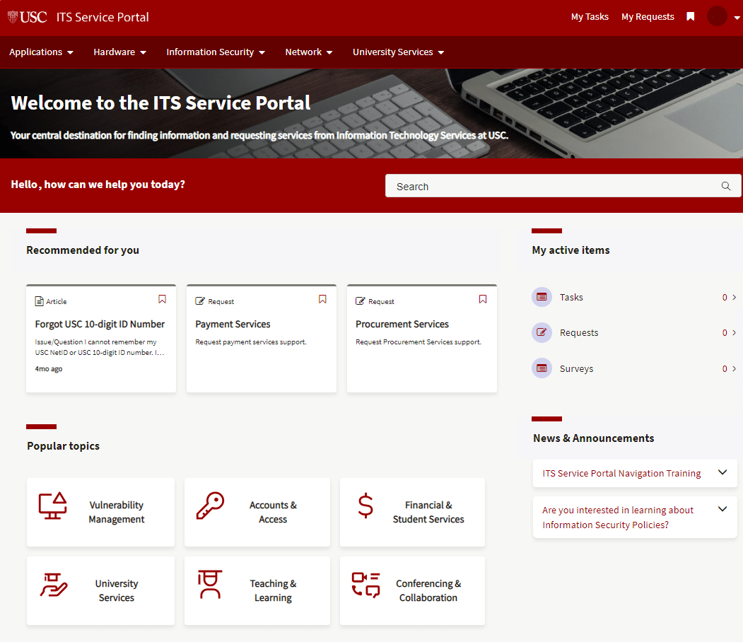 Dashboard of the ITS Service Portal. Heading reads "Welcome to the ITS Service Portal," and underneath, a search bar. Below are two sections "Recommended for you" and "Popular topics"